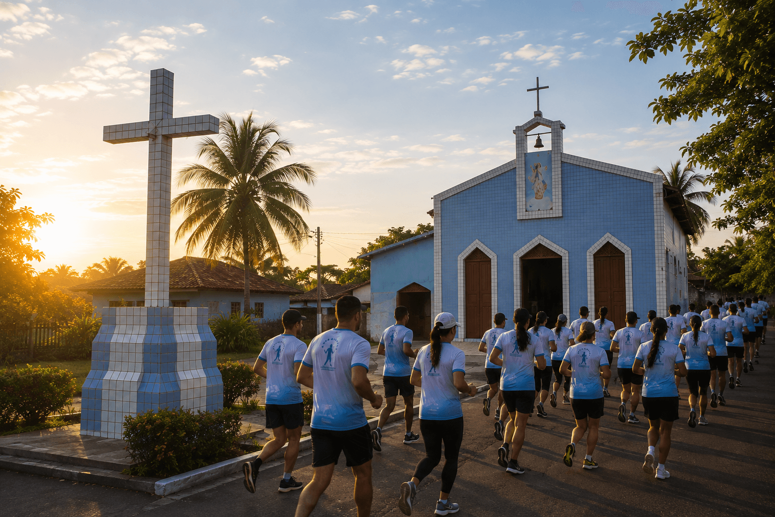 Corredores seguem em direção à igreja ao amanhecer